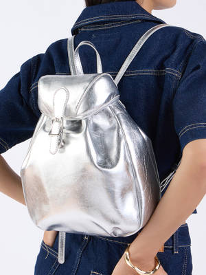 Buy MIXT by Nykaa Fashion Silver Textured Metallic Drawstring Backpack ...