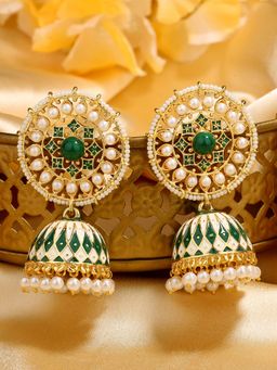 Estele - Gold Plated Green Meenakari Traditional Kundan Jhumki Earrings for Women