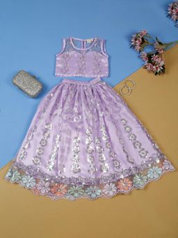 SAKA DESIGNS - Ethnic Girls Embellished Floral Lilac Lehenga Choli (Set of 2)