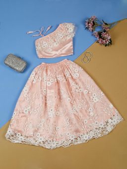 SAKA DESIGNS - Ethnic Girls Floral Embroidered Peach Lehenga Choli (Set of 2)
