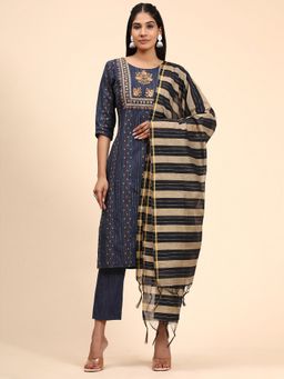 Vbuyz - Print & Embroidered Straight Cotton Blue Kurta Pant With Dupatta(1918) (Set of 3)