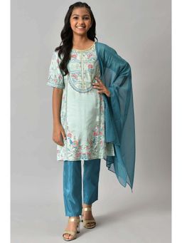 Aurelia - Liva Lichen Blue Printed Kurta With Teal Blue Trousers And Dupatta (Set of 3)