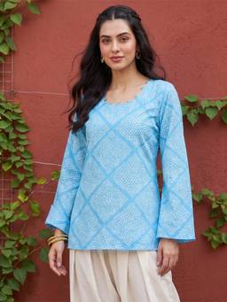 Vaamsi - Ahika Womens Blue Round Neck Long Sleeves Casual Kurti.