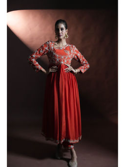 Aavya Store - Red Anarkali with Pant and Dupatta (Set of 3)