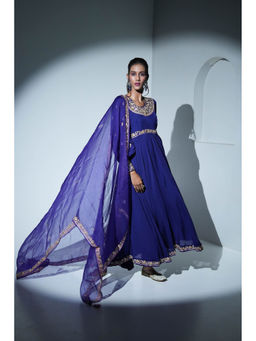 Aavya Store - Dark Blue Anarkali with Pant and Dupatta (Set of 3)