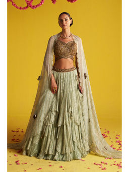 STUDIO BAGECHAA - Sana Green Lehenga with Blouse and Dupatta (Set of 3)