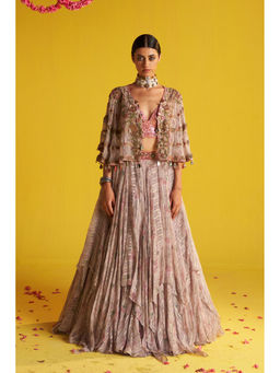 STUDIO BAGECHAA - Sanya Pink Lehenga with Blouse and Cape (Set of 3)