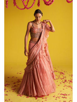 STUDIO BAGECHAA - Esha Pink Pre-Draped Saree with Stitched Blouse
