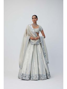 Vvani by Vani Vats - Silver Shimmer Organza Linear Lehenga with Blouse and Dupatta (Set of 3)