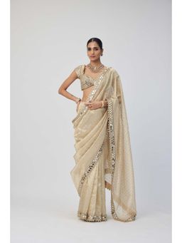 Vvani by Vani Vats - Beige Shimmer Organza Saree with Stitched Blouse