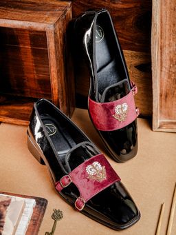 NR by Nidhi Rathi - Maroon and Black Suede Monk Strap Shoes for Men
