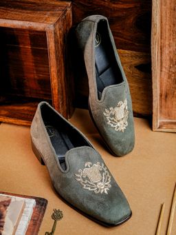 NR by Nidhi Rathi - Grey Embroidered Suede Loafers for Men