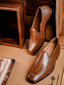NR by Nidhi Rathi - Tan Textured Pattern Slip On Loafers for Men