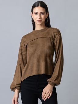 Club York - Womens Brown Full Sleeve Round Neck Ribbed Sweater