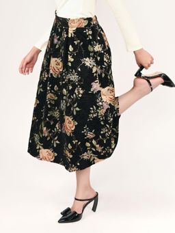 Odette - Black and Peach Floral Printed Cotton Twill Woven Skirt