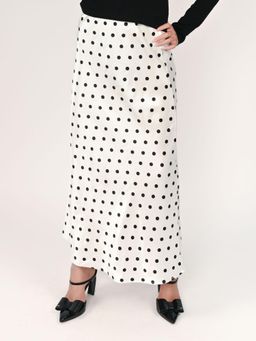 Odette - White and Black Satin Polka Dot Printed Midi Rise Maxi Skirt