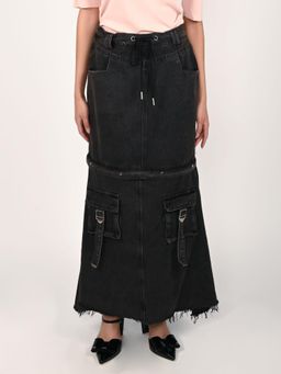Odette - Black Denim Cargo Pocket Maxi Skirt