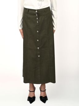 Odette - Olive Green Denim Button Fly Solid Skirt
