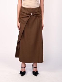 Odette - Brown Bow Detail Gathered Mid Rise Maxi Skirt