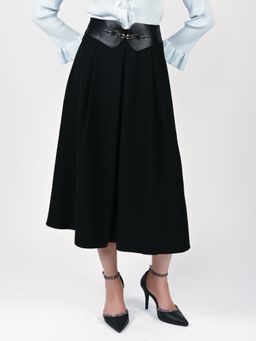 Odette - Black Embellished Waist A-Line Midi Skirt