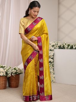 Libas - Mustard Solid Embellished Border Saree With Unstitched Blouse