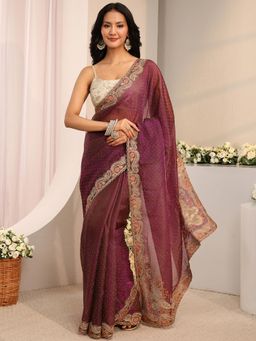 Libas - Purple Beads Embellished Saree With Unstitched Blouse