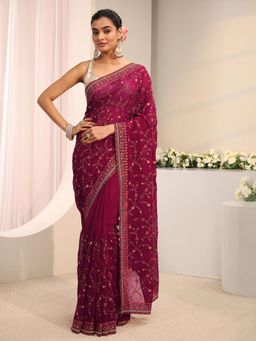 Libas - Pink Floral Embroidered Saree With Unstitched Blouse