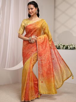 Libas - Orange Bandhani Printed Saree With Unstitched Blouse
