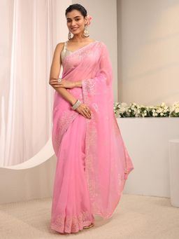 Libas - Pink Ethnic Motif Sequinned Embellished Saree With Unstitched Blouse