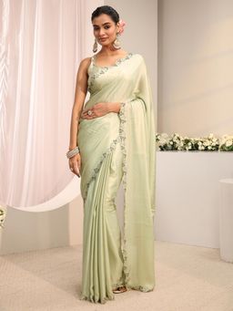 Libas - Green Solid Embellished Border Saree With Unstitched Blouse