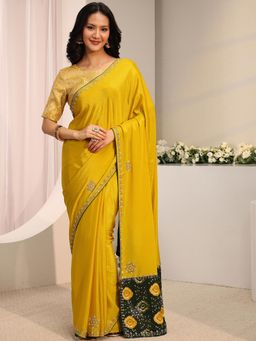 Libas - Mustard Beads Embellished Saree With Unstitched Blouse
