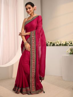 Libas - Pink Embellished Border Saree With Unstitched Blouse