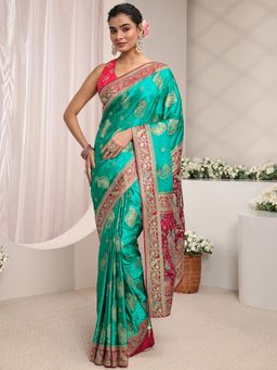 Libas Art - Teal Ethnic Motifs Woven Embellished Border Saree With Unstitched Blouse