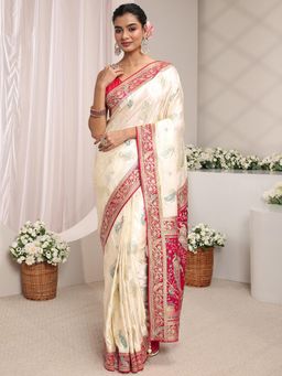 Libas Art - Cream Ethnic Motifs Woven Embellished Border Saree With Unstitched Blouse