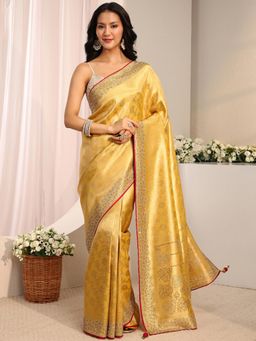 Libas Art - Mustard Floral Woven Design with Beads Embellished Border Saree With Unstitched Blouse