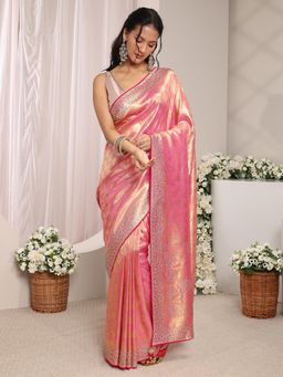 Libas Art - Pink Floral Woven Design with Beads Embellished Border Saree With Unstitched Blouse