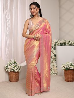 Libas - Pink Chevron Woven Design with Beads Embellished Border Saree With Unstitched Blouse