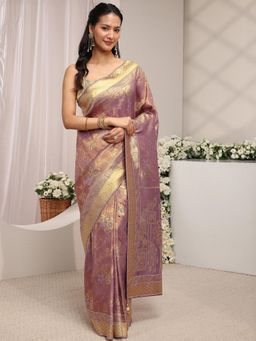 Libas - Mauve Floral Woven Design with Beads Embellished Border Saree With Unstitched Blouse