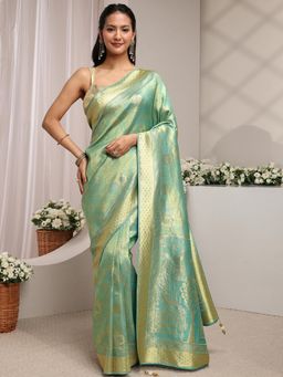 Libas - Blue Floral Woven Design with Beads Embellished Border Saree With Unstitched Blouse