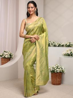 Libas - Green Floral Woven Design with Beads Embellished Border Saree With Unstitched Blouse