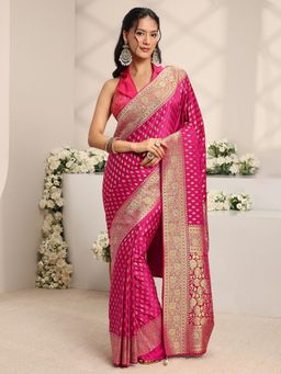 Libas - Pink Ethnic Motifs Woven Design with Zari Embellished Border Saree With Unstitched Blouse