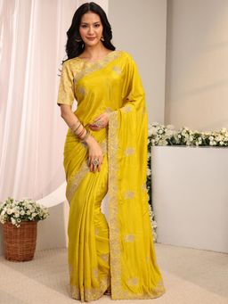 Libas - Mustard Floral Beads Saree With Unstitched Blouse