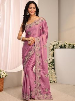 Libas - Mauve Floral Beads Saree With Unstitched Blouse