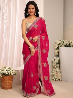 Libas - Pink Floral Beads Embellished Saree With Unstitched Blouse