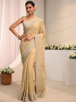 Libas Art - Beige Floral Embellished Beads Saree With Unstitched Blouse