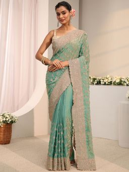 Libas Art - Sea Green Floral Embellished Beads Saree With Unstitched Blouse