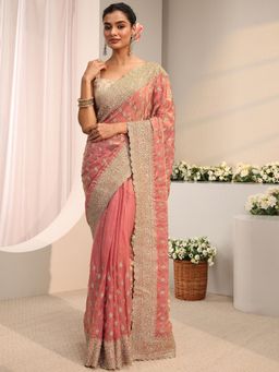Libas Art - Peach Floral Embellished Beads Saree With Unstitched Blouse