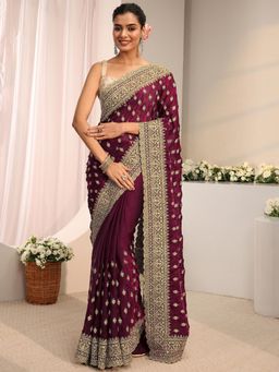 Libas Art - Maroon Floral Embellished Beads Saree With Unstitched Blouse