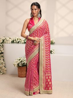 Libas Art - Pink Bandhani Floral Woven Design with Embellished Border Saree With Unstitched Blouse
