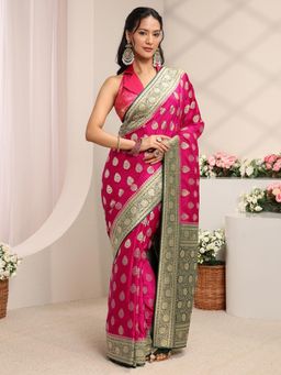 Libas Art - Pink Floral Beads Woven Design Floral Saree With Unstitched Blouse